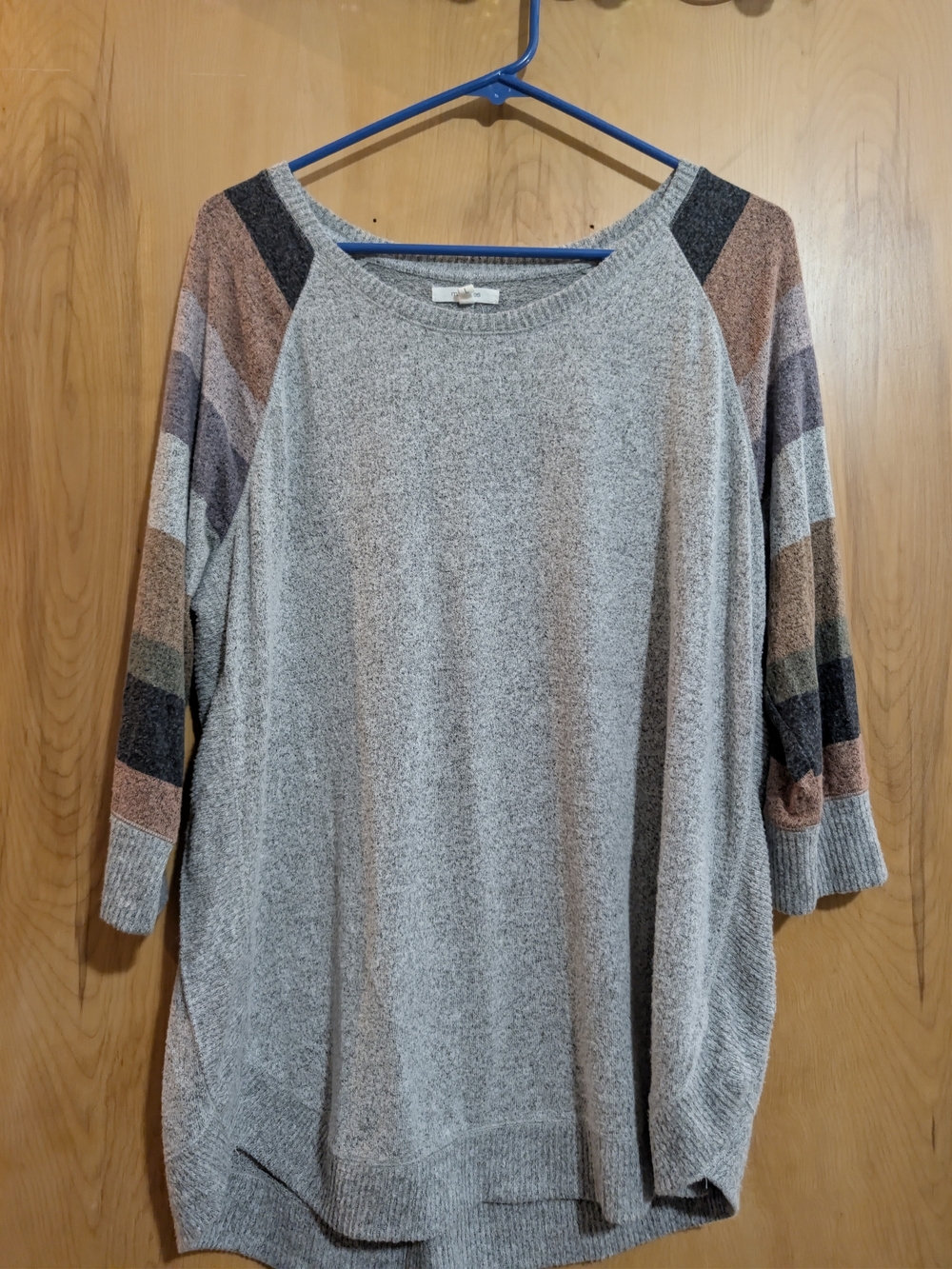 Maurices Light Gray Scoop Neck Sweater with Multicolor Striped Raglan Sleeves